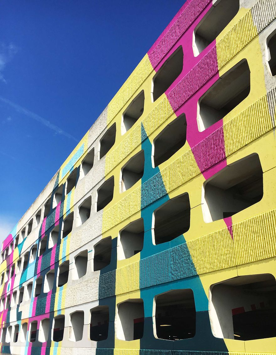 Street Artist Transforms 60s Carpark With Giant, Candy-Striped Supergraphic Artwork