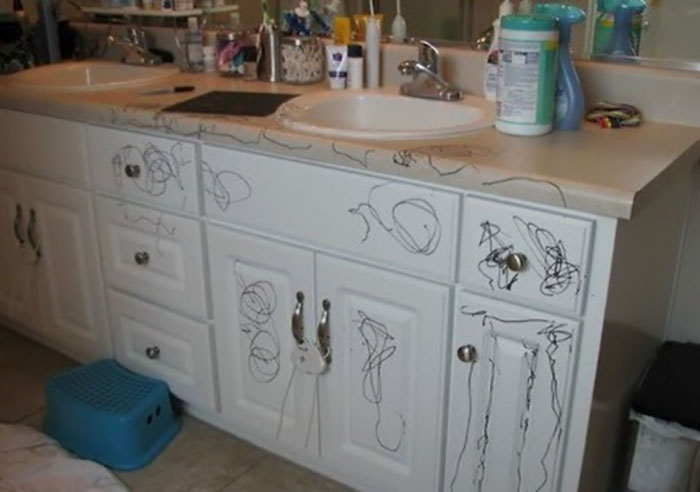 My 2-Year-Old Got Ahold Of A Sharpie And Wrote All Over My Melamine-Wrapped (Can’t Be Painted) Master Bathroom Vanity