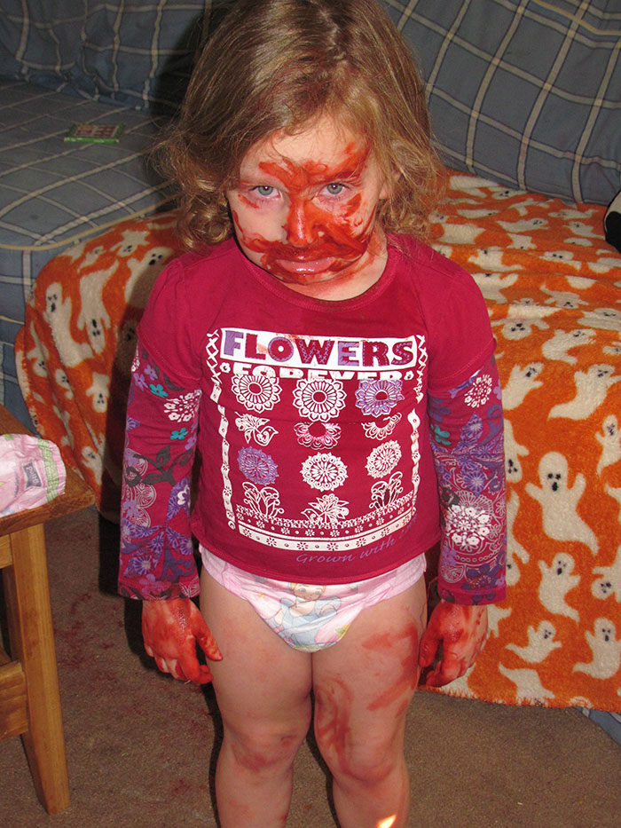 I Go To Scrub Her Bathtub, That Had Gotten Ruined When She Painted Herself. While I’m Scrubbing, I Hear, 'Momma, I Colouring' This Is Stage Makeup. Love The Look On Her Face