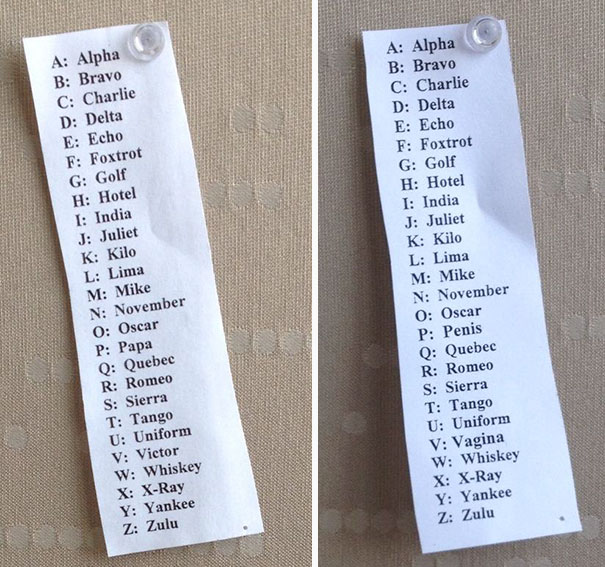 My Coworker Has A Phonetic Alphabet Cheat Sheet For Phone Calls. He's In For A Surprise