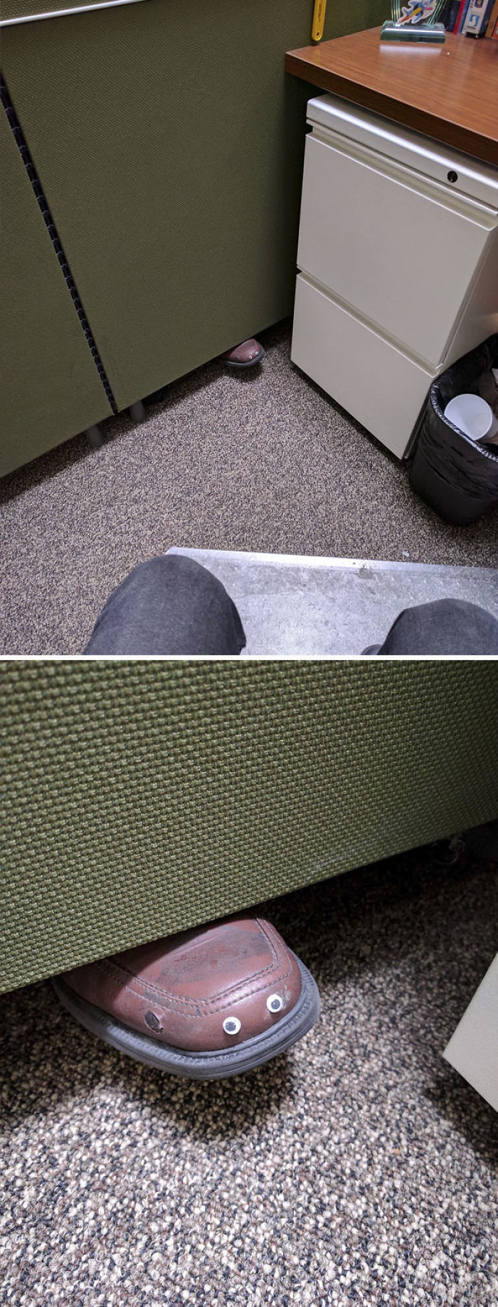 My Coworker Keeps On Placing His Foot Under Our Divider, So I Added Some Googly Eyes