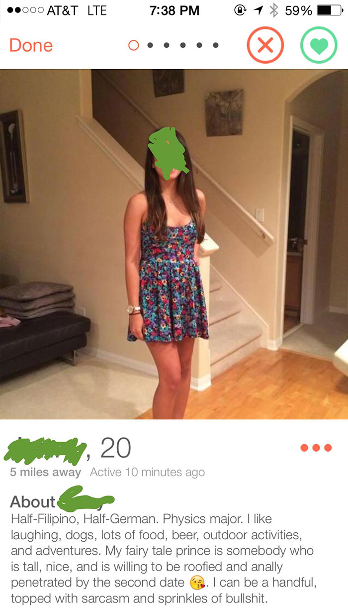 Tinder profile of a woman in a dress 
