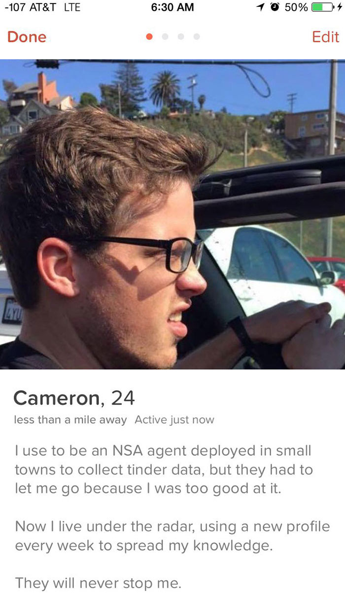 Tinder profile of a man driving 