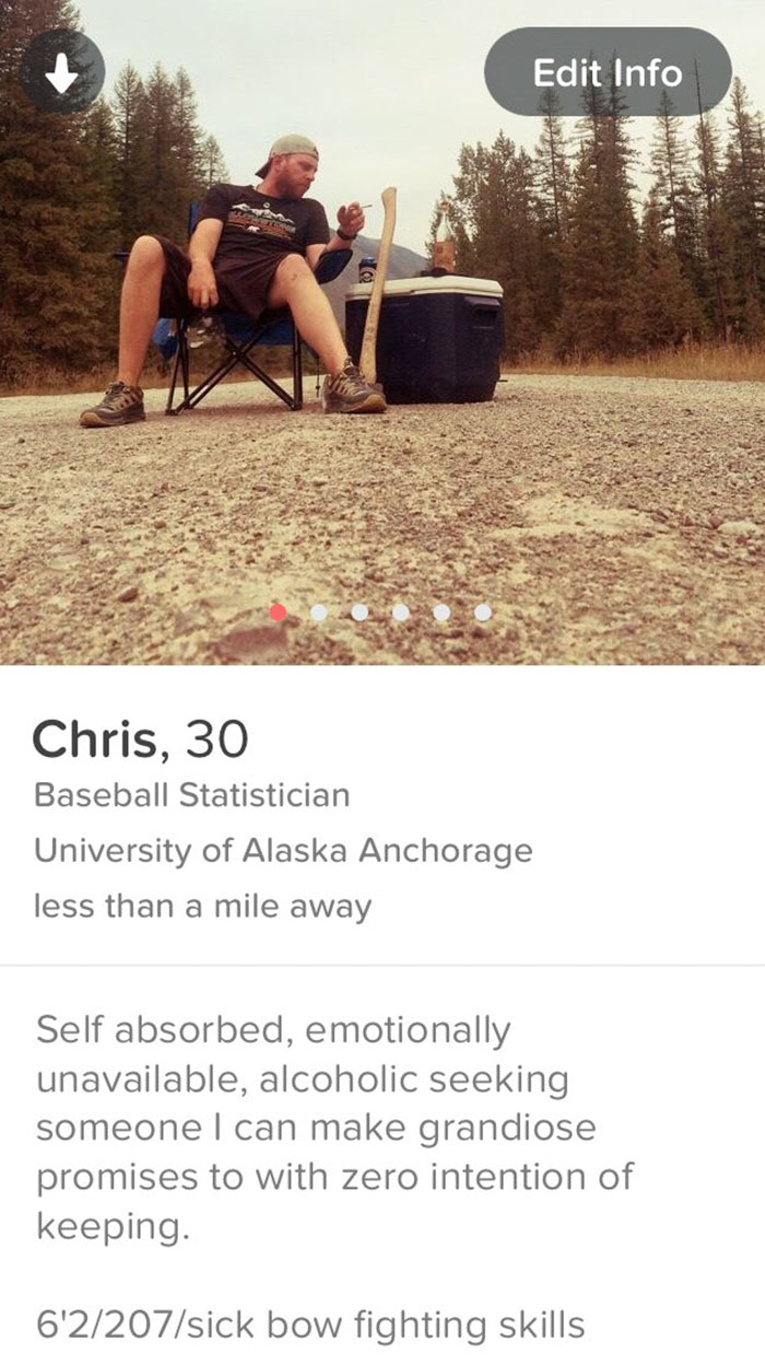 Tinder profile of a man next to a beer cooler 