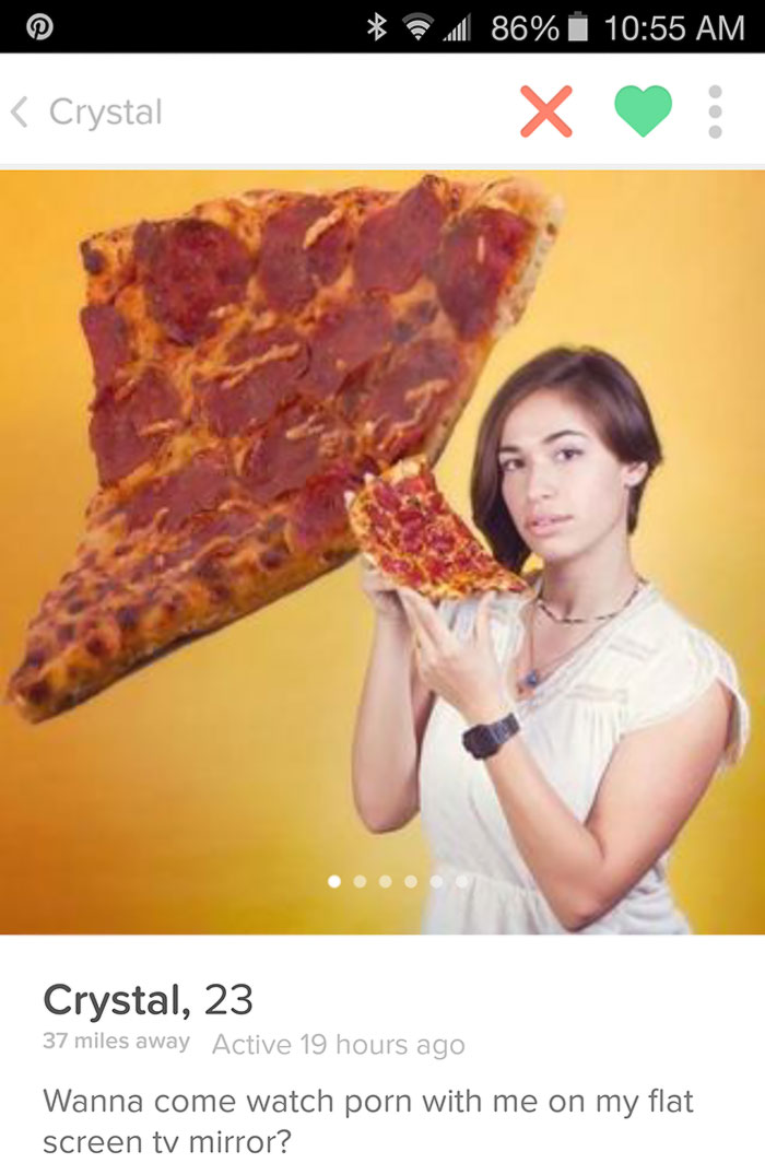 Tinder profile of a woman holding a pizza 
