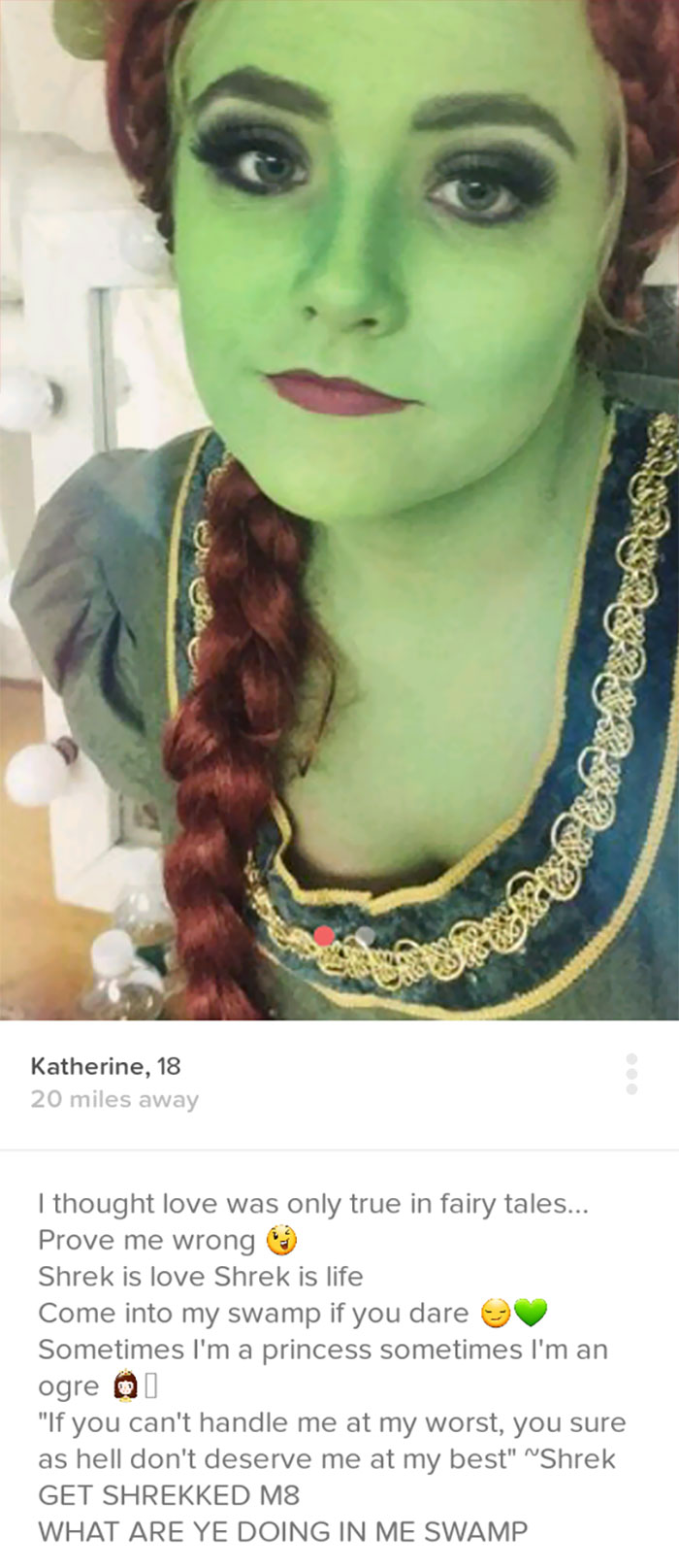 Tinder profile of a woman dressed as Fiona from Shrek 