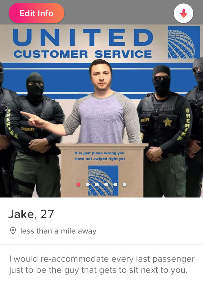 Tinder profile of a man in united customer service