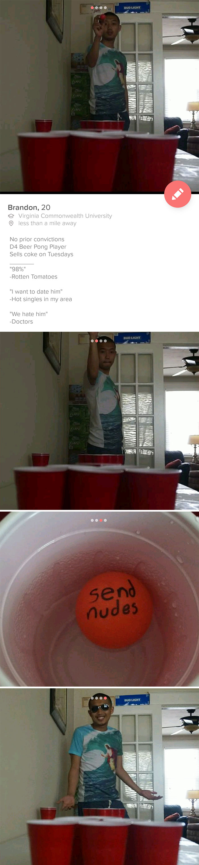 Tinder profile of a man playing beer pong asking for nudes 