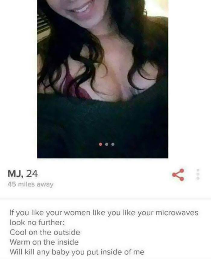 Tinder profile of a woman wearing black sweater 