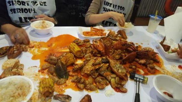 This Is In Shell Out Restaurant, Malaysia... Seafood Is Served Direct On The Table Without Plates