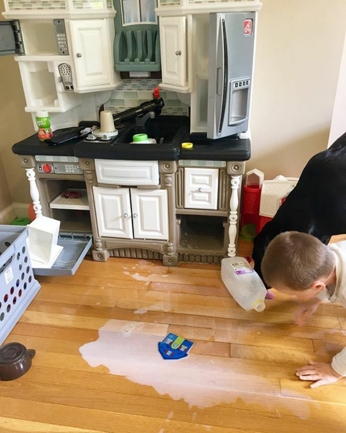 When You Leave The Room For 2 Minutes And Your Toddler Decides The Milk Belongs In His Kitchen