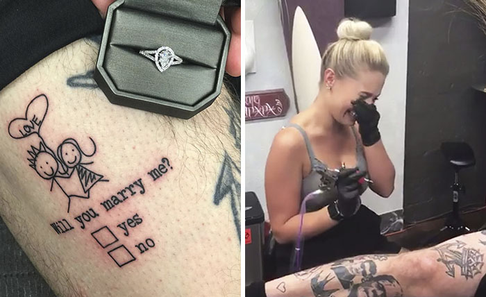 Tattoo Artist Proposes To His GF In The Riskiest Way Ever By Inking ‘Yes’ Or ‘No’ Checkboxes On His Leg