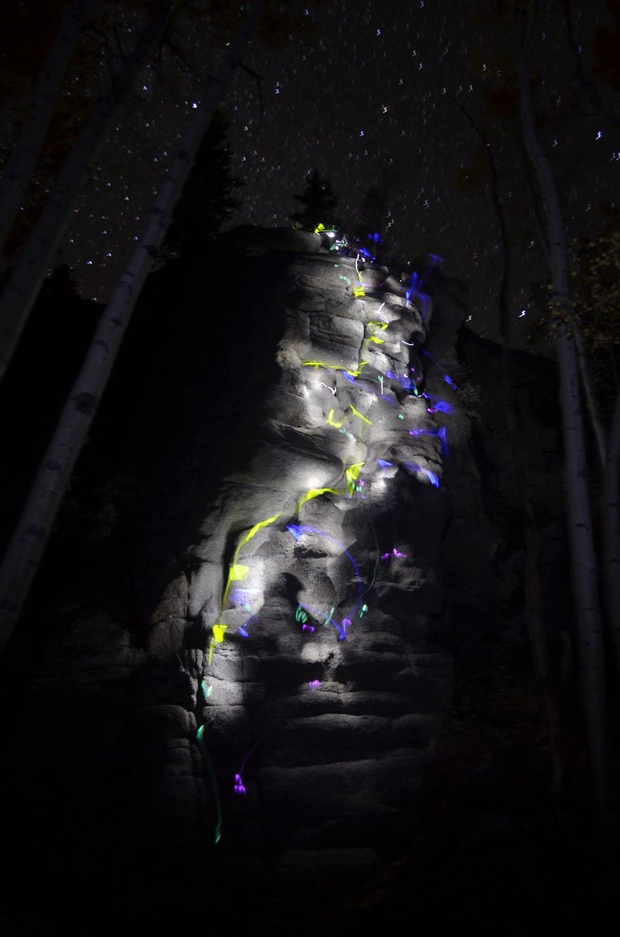 I Tied Glowsticks To My Hands And Feet And Took A Long Exposure Shot Of Me Rock Climbing