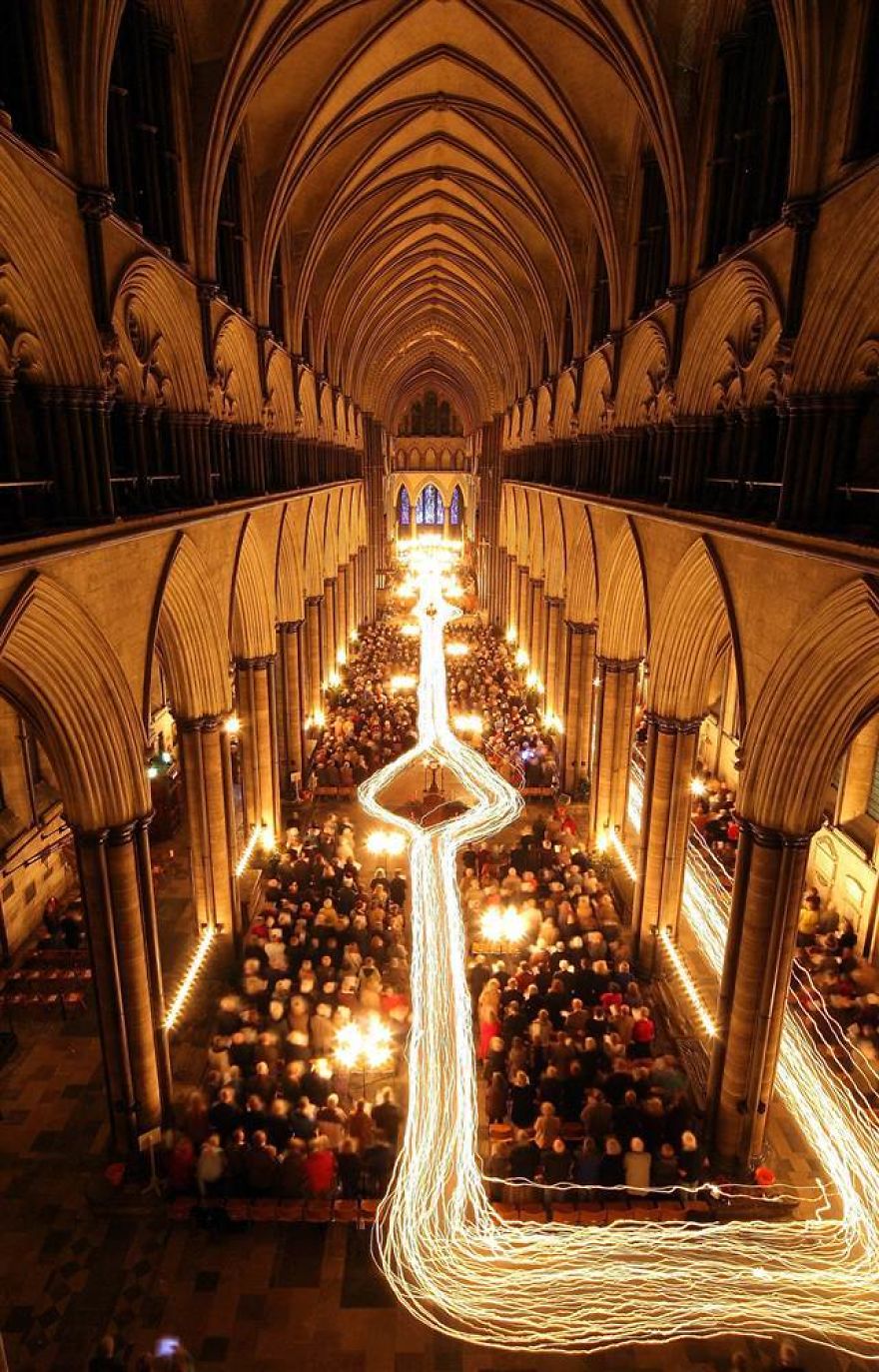 Long Exposure Photo Of Candle Procession At Salisbury Cathedral