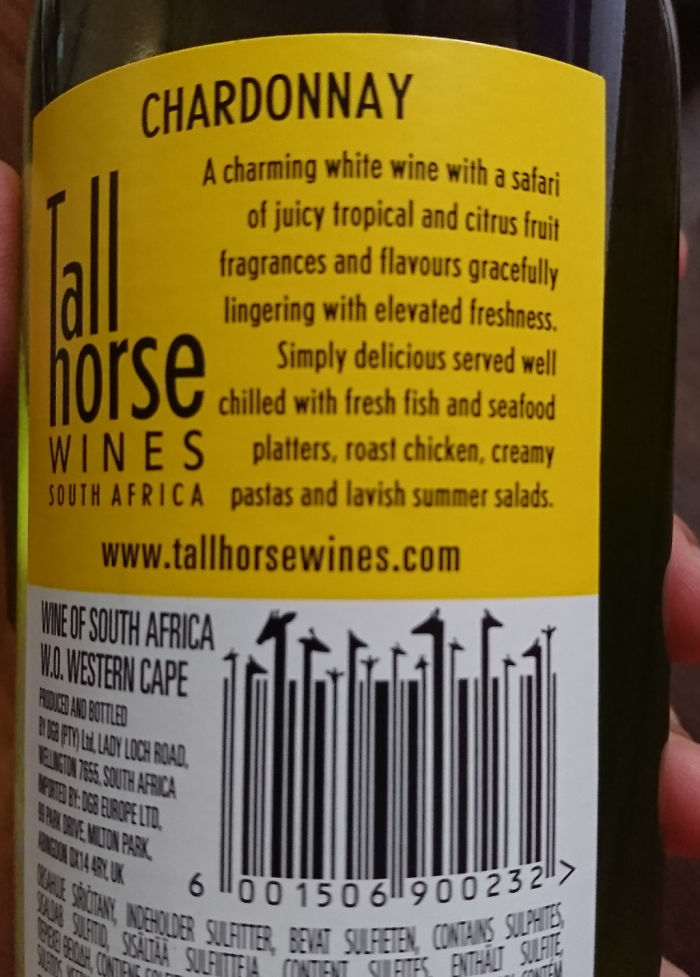 This Bottle Of Tall Horse Chardonnay Has Long Necked Giraffes In The Barcode