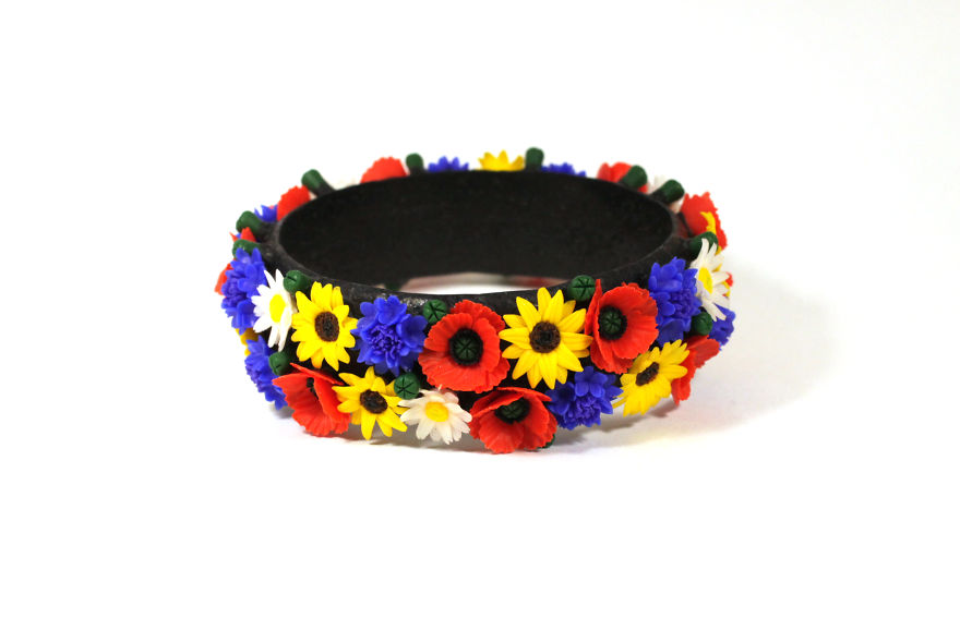 Bracelet With Poppies, Cornflowers, Sunflowers And Chamomiles
