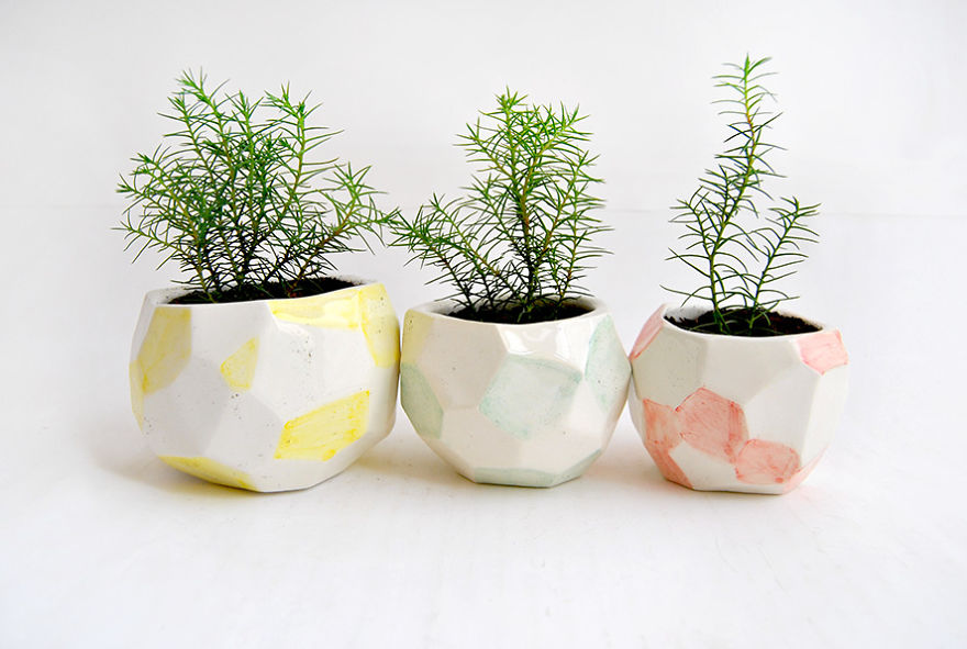 Set Of Multicolor Faceted Planters