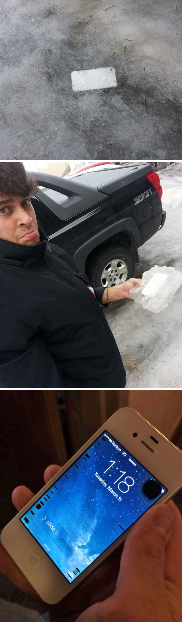 My Buddy Lost His iPhone In Early February And Just Found It, Frozen Into Our Driveway. And It Still Works!