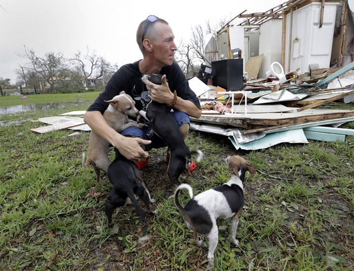 Sam Speights Tries To Hold Back Tears While Holding His Dogs And Surveying The Damage To His Home In The Wake Of Hurricane Harvey