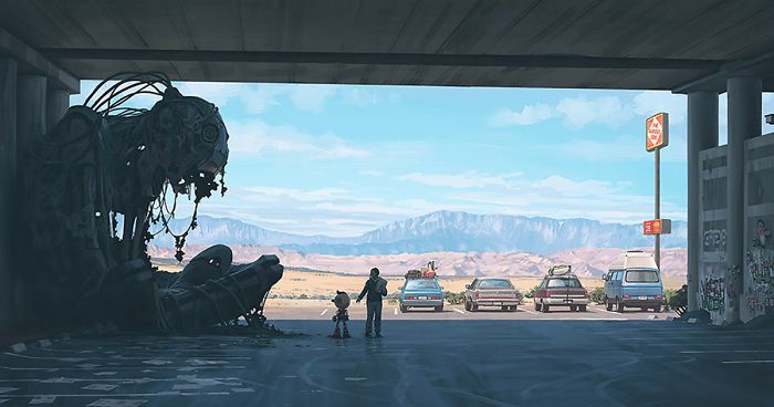 Girl And Her Robot Travel Through Wastelands In Alternate 90s USA In Chilling Illustrations