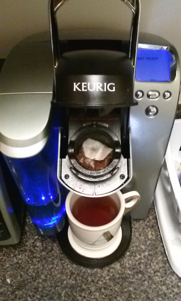 Stuff A Teabag In The Cup Compartment Of Your Keurig. I Expected It To Make A Mess; Instead, Perfectly-Steeped Tea In 10 Seconds!