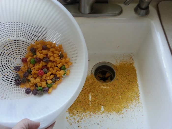 Use A Colander To Prepare The Last Bowl Of Cereal From A Box