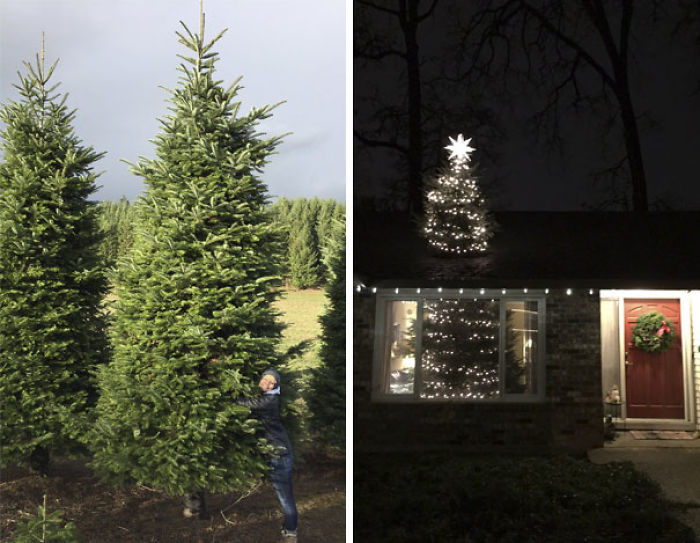 Este año compramos un árbol de Navidad de 6 metros y lo cortamos para que pareciera que sobresalía por el tejado