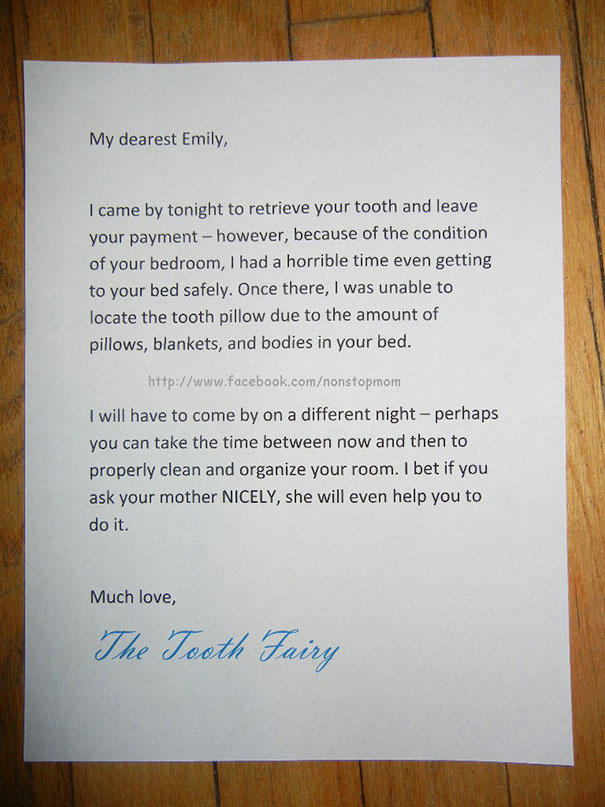 a letter from tooth fairy asking to clean up the room 