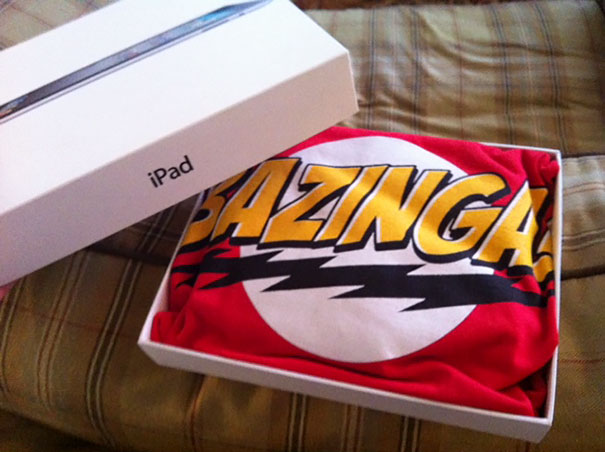"Bazinga" t-shirt on iPad box 