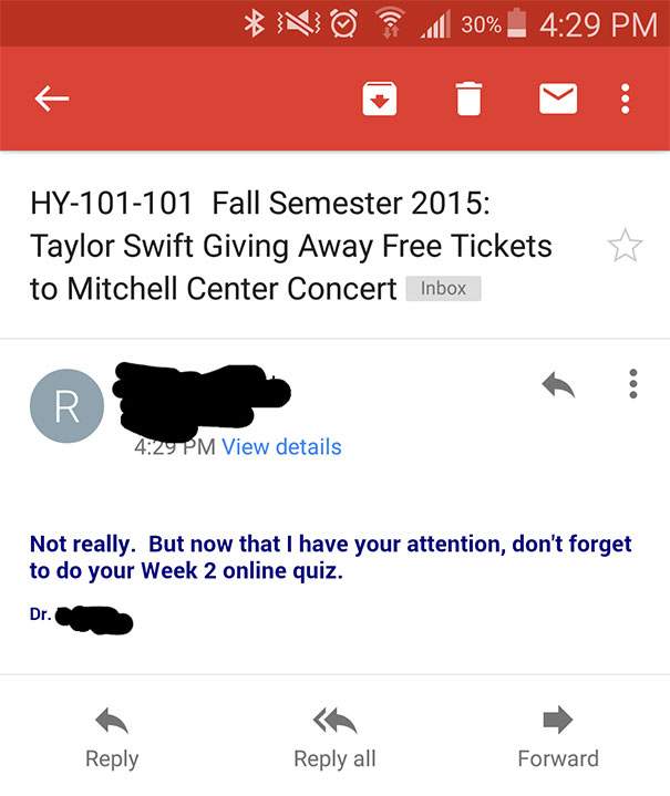 professor sending an email saying about free Taylor Swift tickets 