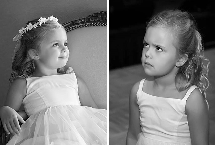 Flower Girl Before The Wedding. Flower Girl At The End Of The Reception. It Was A Long Day For Her
