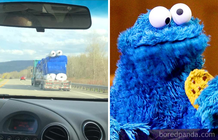 This Truck Carrying Rolls Of Plastic Looks Like Cookie Monster
