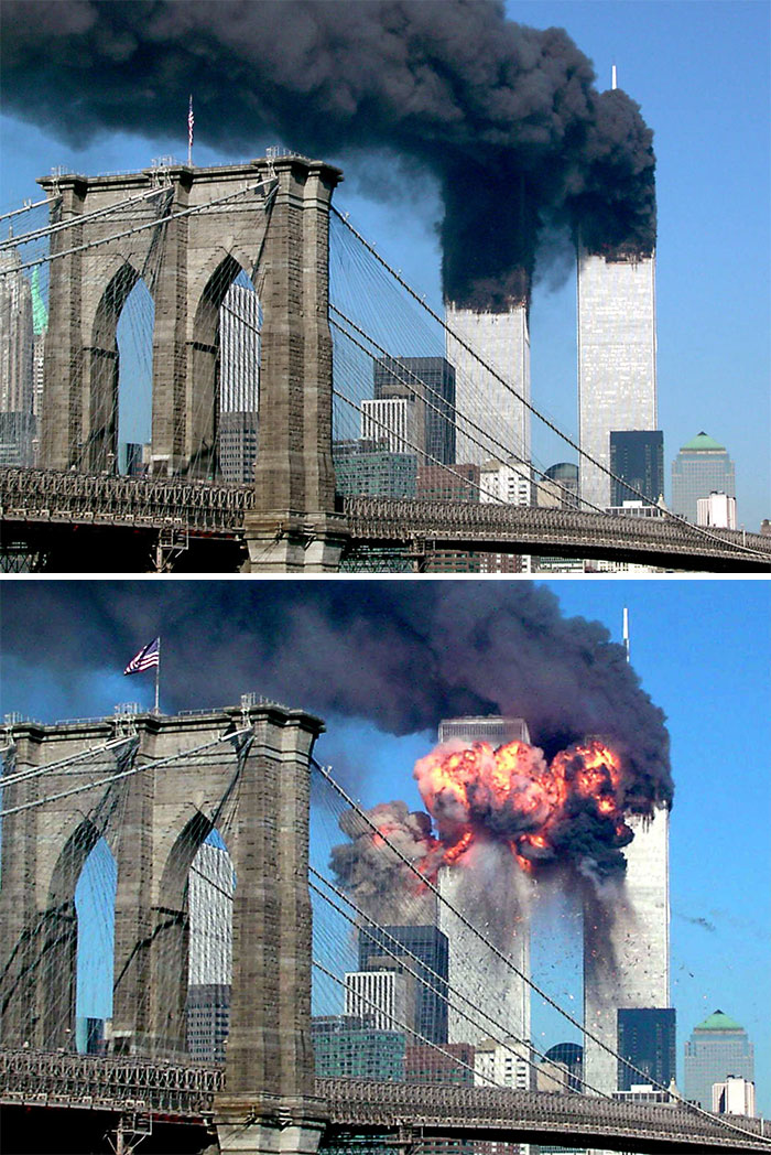 A Plane Explodes After Hitting The Second Tower Of The World Trade Center As The Other Tower Burns