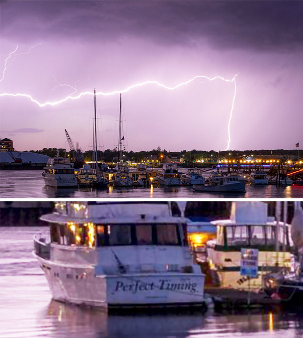 Brother Spent A Year Trying To Get A Lightning Photo. He Caught This Last Night, I Just Noticed The Boat In The Bottom Left