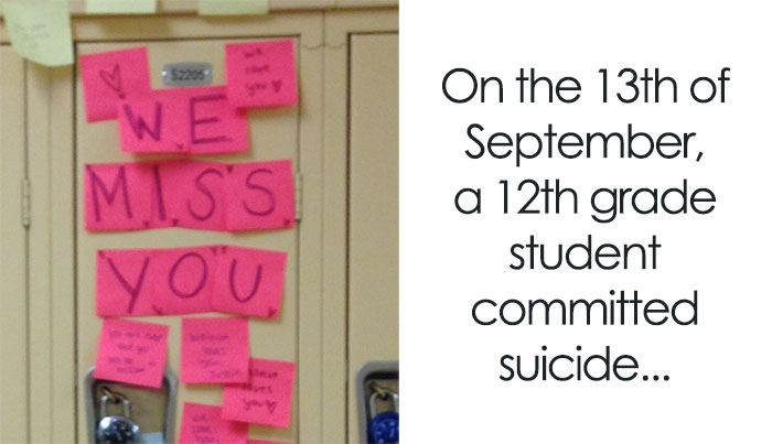 Students In My School Covered It’s Lockers With Supportive Post-It Notes After 12th Grader Committed Suicide