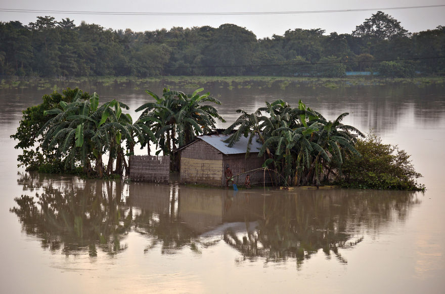 A Man Casts His Fishing Net In The Flood Waters Next To His Partially Submerged Hut In The Northeastern Indian State Of Assam