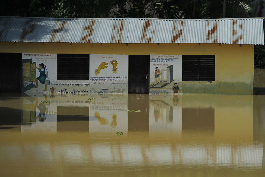 A Nepali School Is Surrounded By Flood Waters In Saptari District