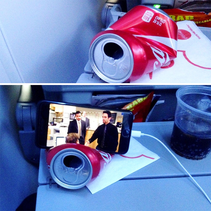I Made An Impromptu Coke Can Phone Stand For The Long Flight Home