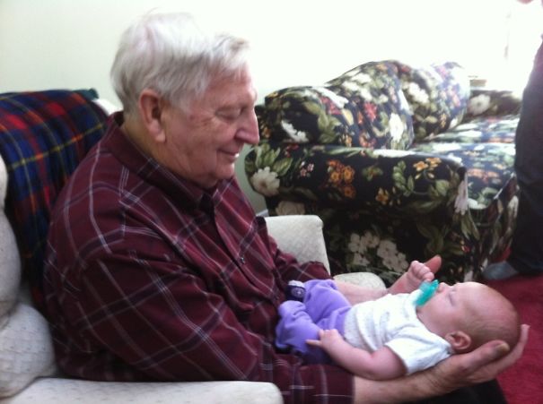 My Grandfather Holding His First Great-Granddaughter. His Smile Is Priceless