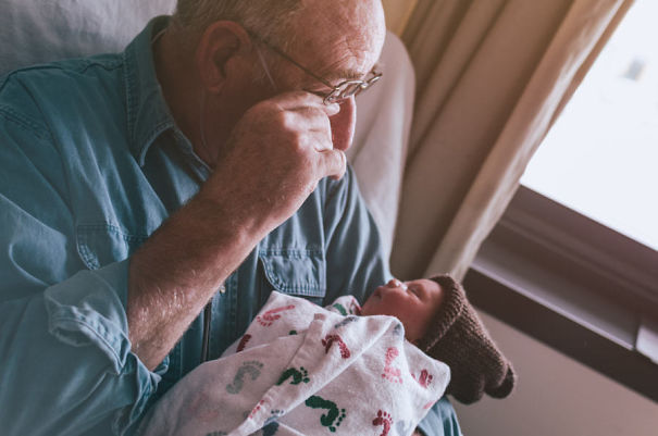 A Grandfather Meets His First Grandson For The Very First Time. Overwhelming Love