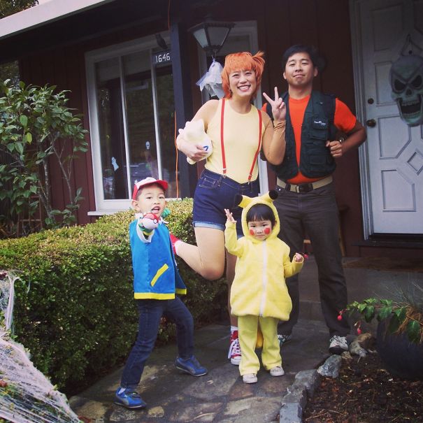 My 5-Year-Old Son Is Obsessed With Pokemon & Requested An Ash Costume For Halloween. Our Whole Family Got Into It. My Husband's Squinty Eyes Really Make His Brock Costume