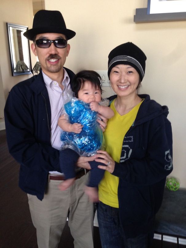 Family Photo With A Baby Bag Of Blue Meth. That's Right, My Daughter's First Ever Halloween Costume Was A Bag Of Meth