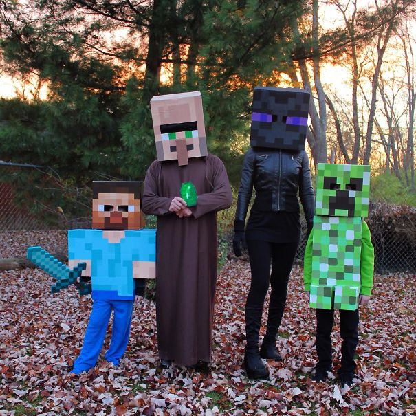 We Are Big Minecraft Fans! Our Family Decided To Create Costumes And Dress Up For Halloween This Year As Minecraft Characters. Here We Are Dressed As Steve, Villager, Enderman And Creeper