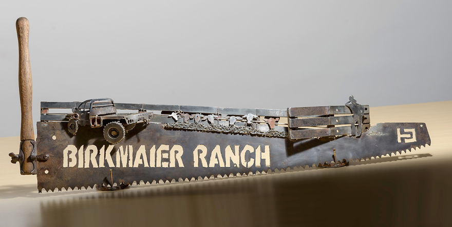 A Custom Ranch Scene - With The Old Truck, Some Cattle And Farmer - And Their Brand At The End