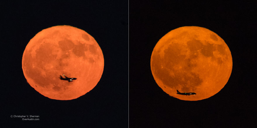 I Caught Two Separate Planes Transiting Last Night’s Harvest Moon Over Austin, Tx