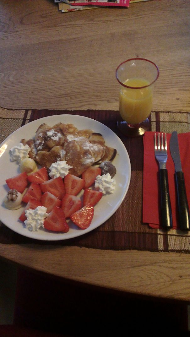 Heart Shaped Pancakes And Fresh Strawberries As My Anniversary Breakfast From My Husband :d.