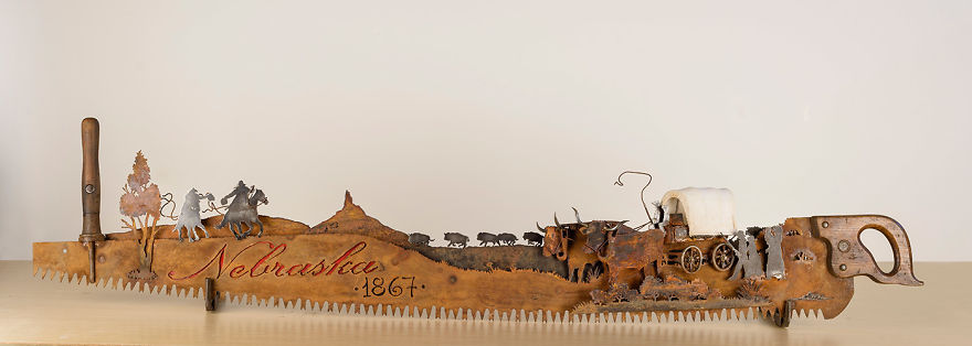 This Is A Saw Made To Commemorate Nebraska's 150 Birthday! Complete With The Pony Express, Chimney Rock, Bison And A Covered Wagon
