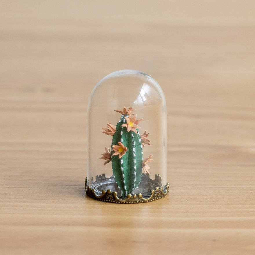 Tiny Terrariums With Miniature Paper Plants, Blooming Cacti And Flowers