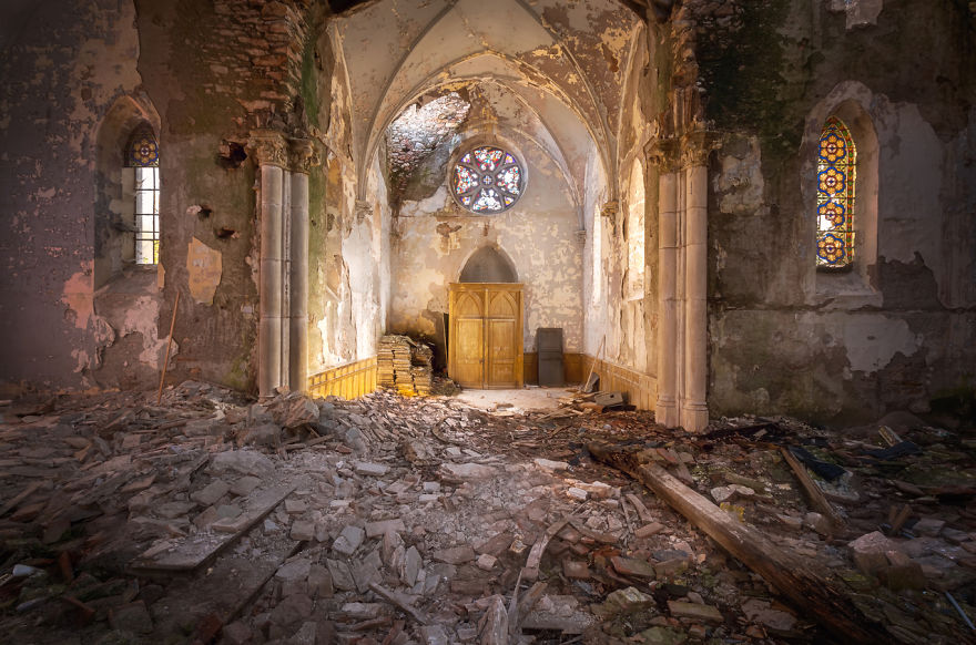 Abandoned Church With Debris On The Floor