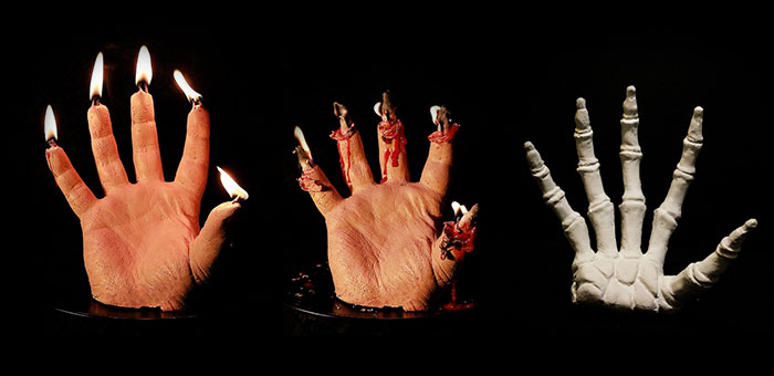 Esta vela en forma de mano sangrante muestra su esqueleto oculto al derretirse, y es terrorífico